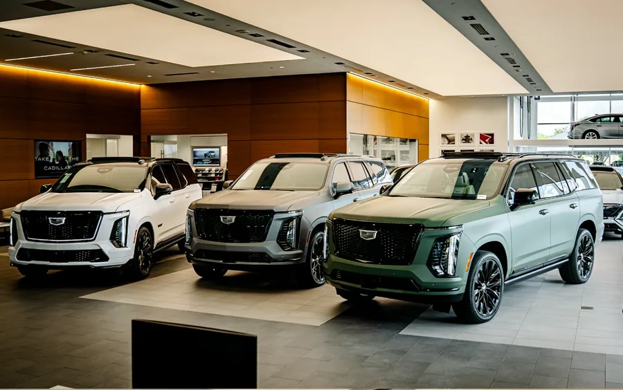 Cadillac dealership showroom displaying color-matched Escalade lineup wrapped by BSG Wraps